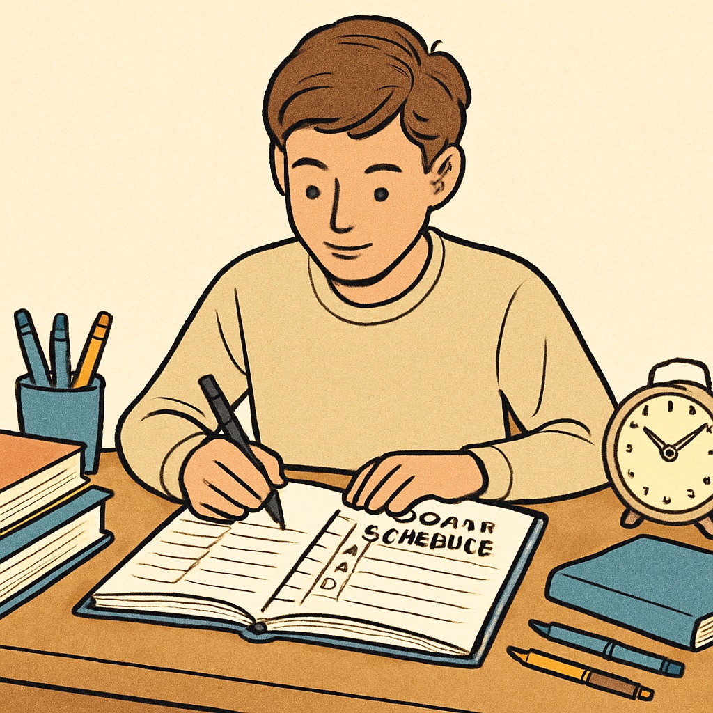 A student practicing time management by writing in a planner during class.