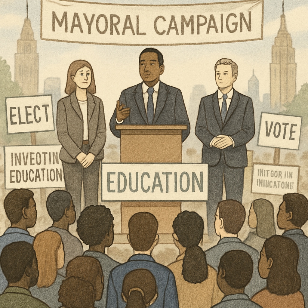 A campaign rally in NYC featuring mayoral candidates discussing education policy. NYC mayoral candidates addressing education policy concerns at a rally.