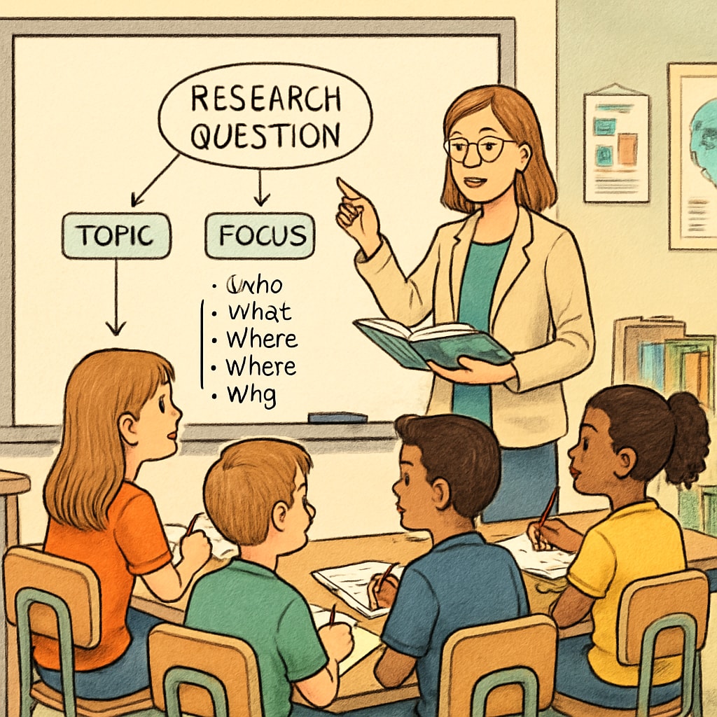 A teacher guiding K12 students through the process of research question formulation in a classroom setting. Teacher helping K12 students with research question formulation.
