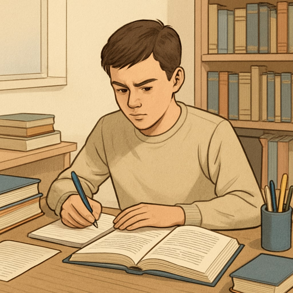 A focused student at their desk, free from distractions, practicing deep work. Student practicing deep work at their desk.