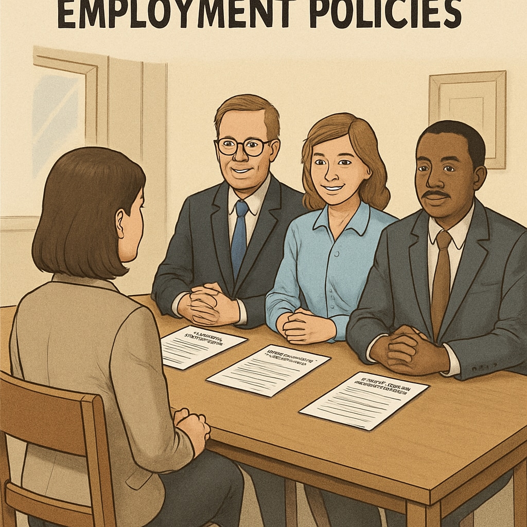 A professional setting showing job interviews and resumes, symbolizing employment policies. Employment policies in Arizona, job interviews, and resumes.