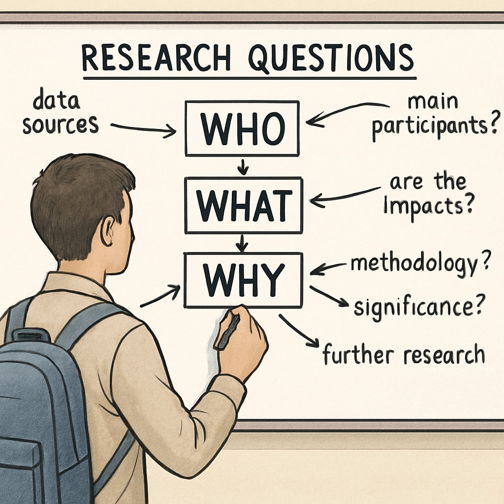 A student working on a whiteboard, brainstorming research questions with key phrases like Student brainstorming research questions on a whiteboard.