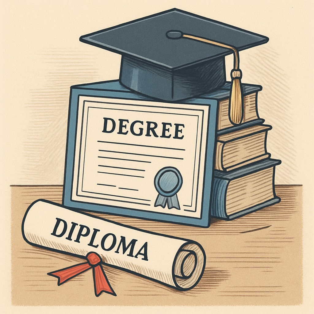 A symbolic depiction of educational credentials, such as diplomas and degrees, stacked on a desk. Educational credentials like diplomas and degrees, representing Arizona's hiring practices.