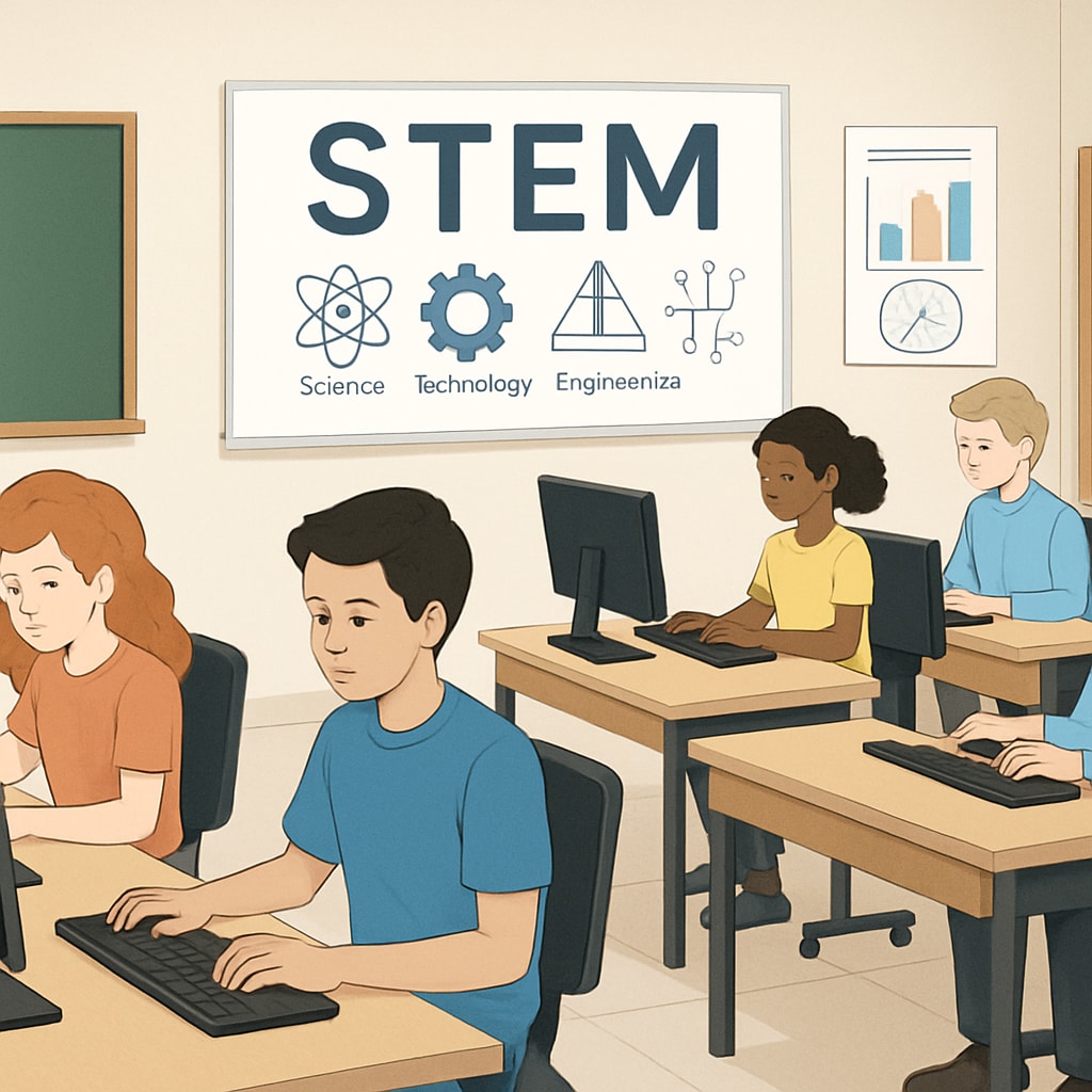 Modern classroom with students engaged in STEM activities.