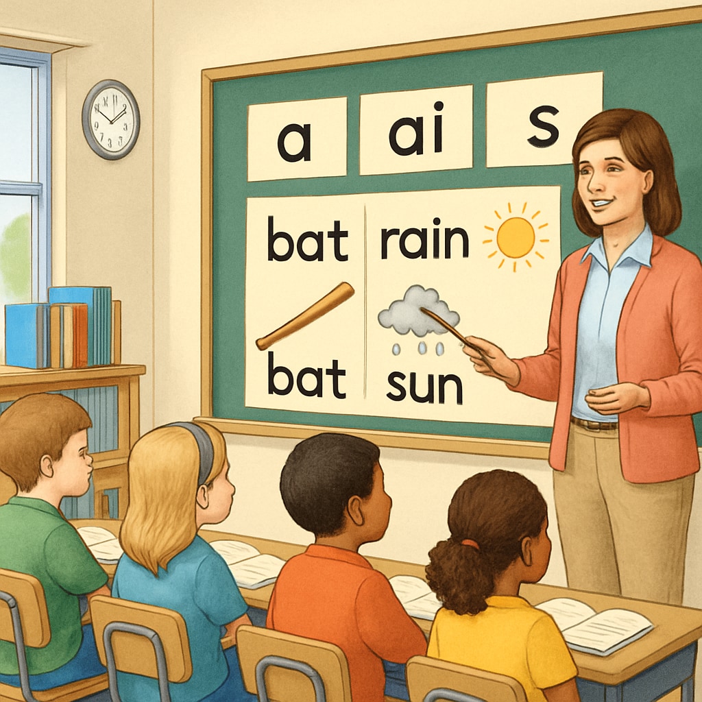 A classroom scene where a teacher is demonstrating phonics lessons using a board with words and letter sounds. Teacher conducting phonics exercises with a classroom of young students.