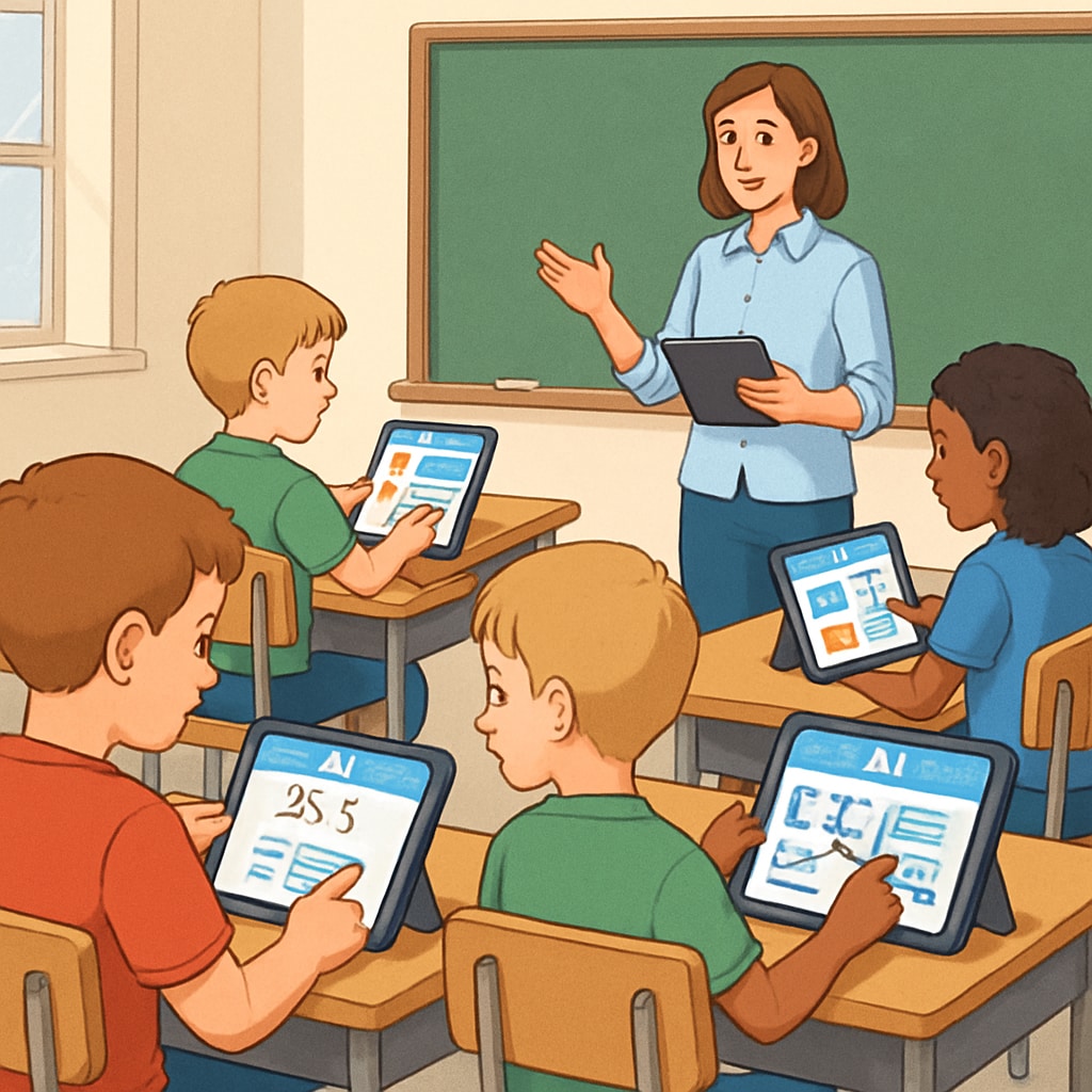 A classroom scene with students using tablets equipped with AI-powered educational software to enhance learning efficiency. Students using AI-powered educational software in a classroom setting.