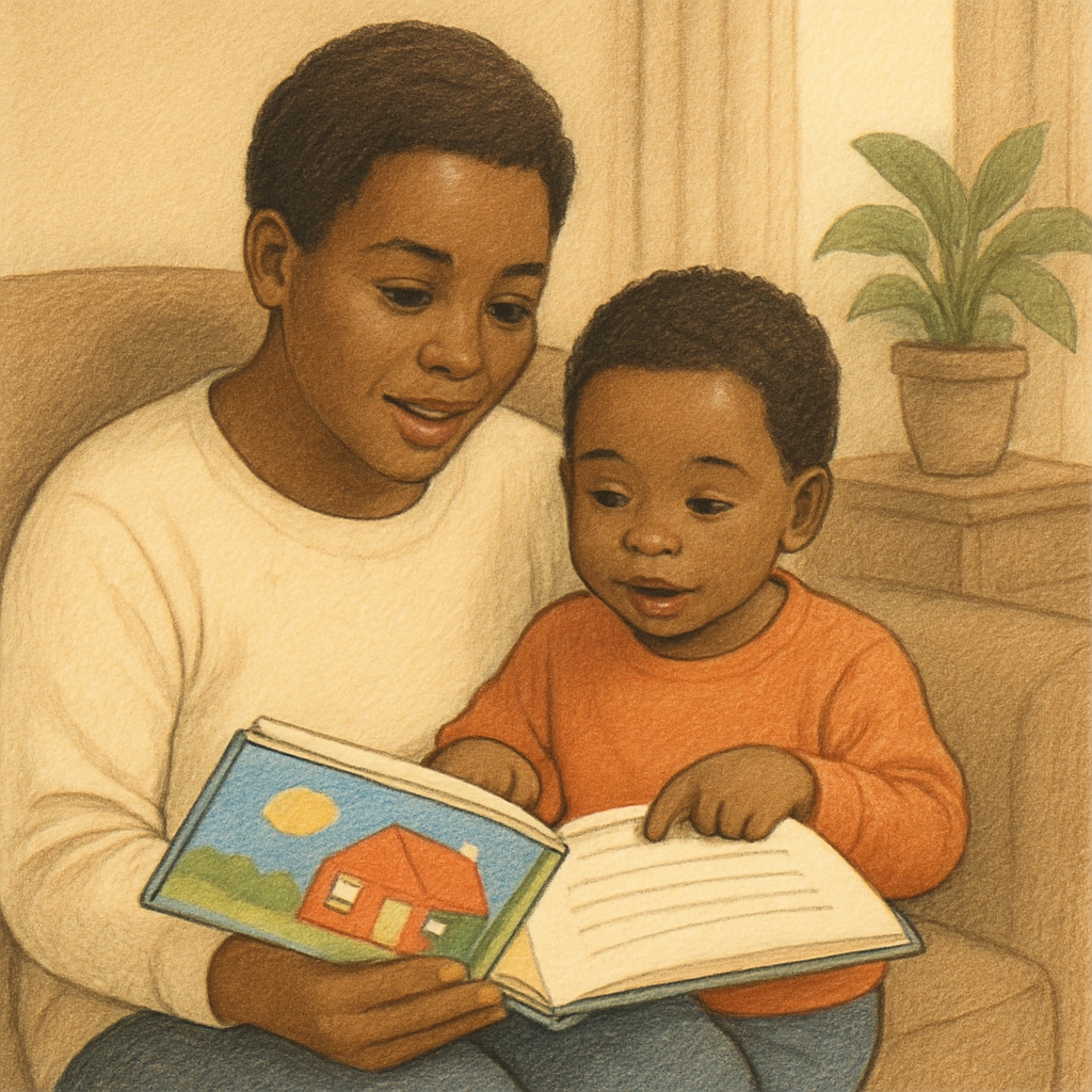 A parent and child reading together at home, with a book containing colorful illustrations and simple text. Parent and child engaging in shared reading activities at home.