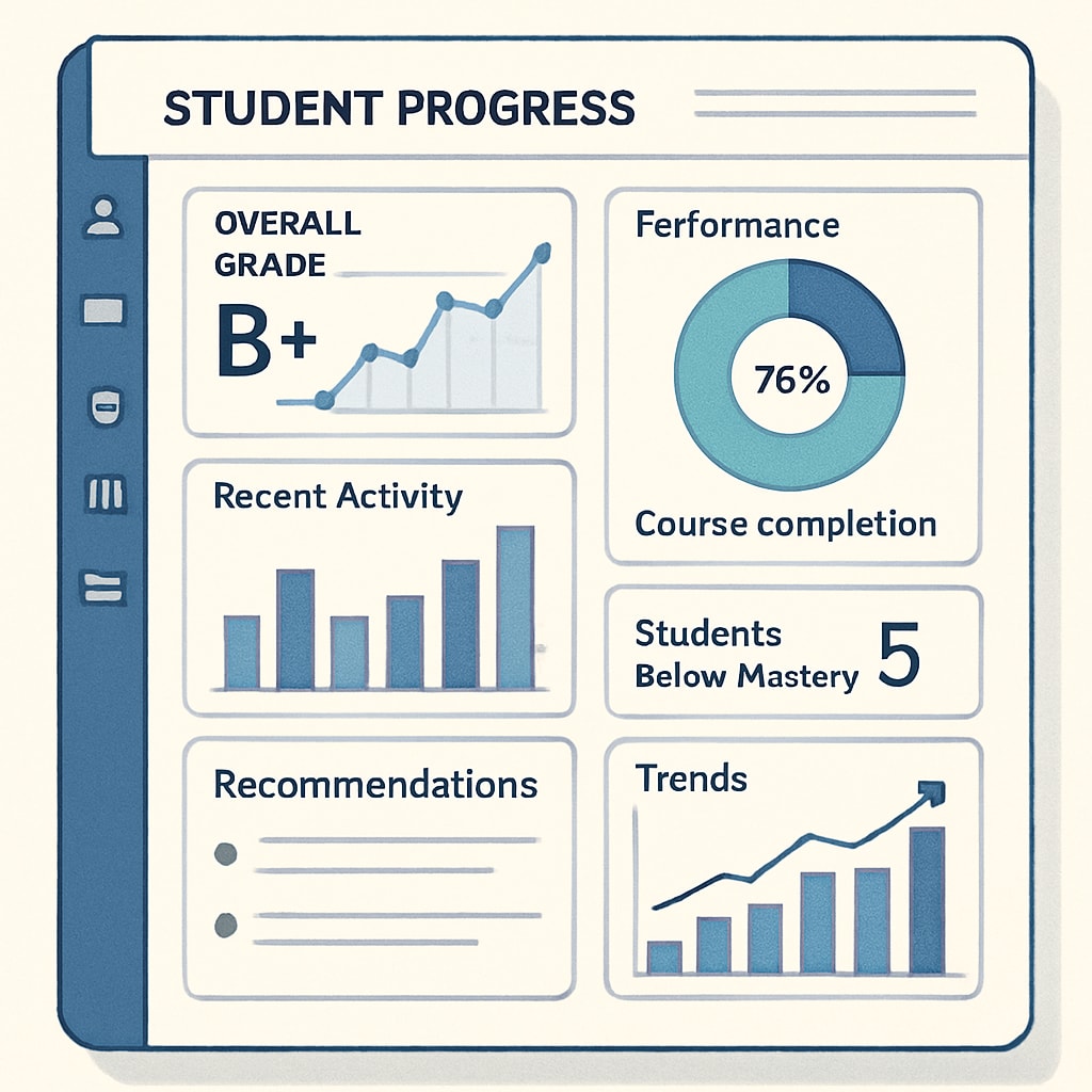 A graphical representation of an AI dashboard showing student progress analytics in a K12 setting, highlighting trends and actionable insights for teachers. AI dashboard showing student progress analytics in K12 education.