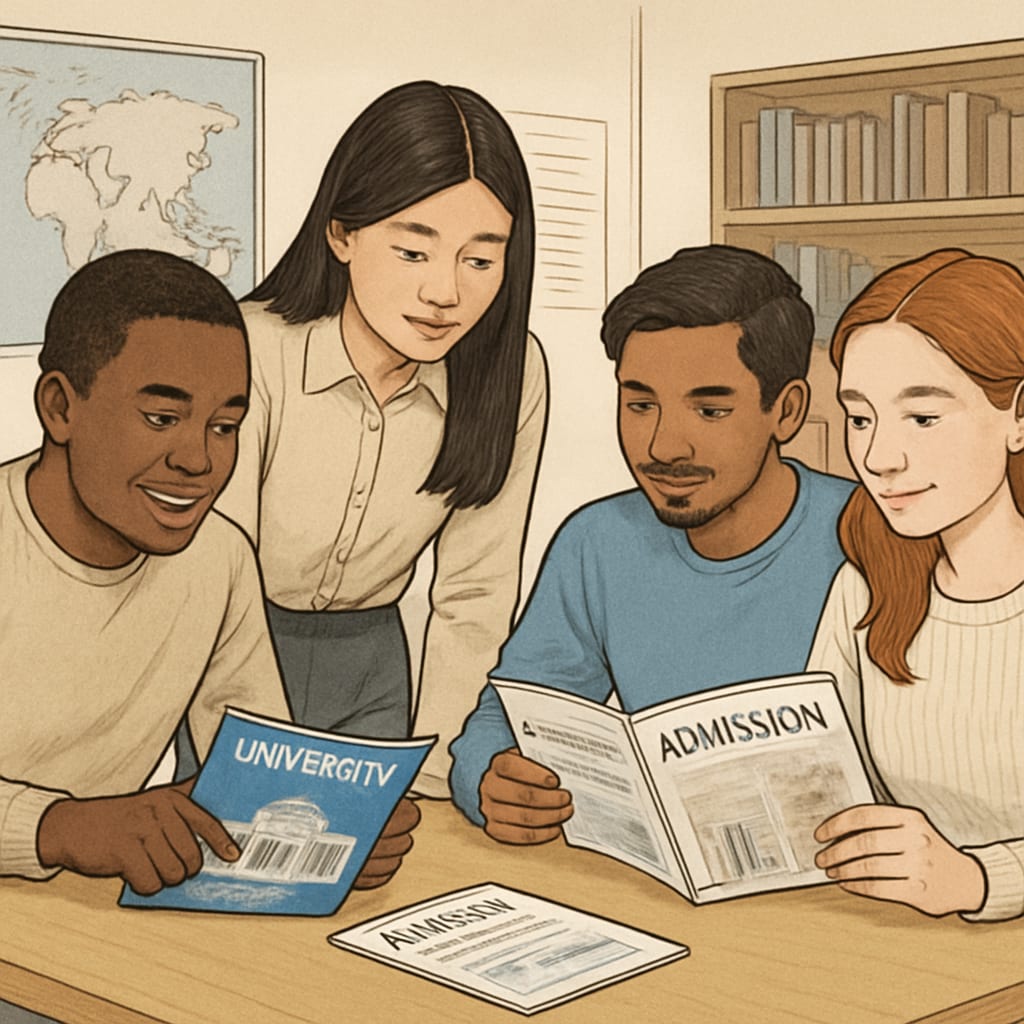 International students reviewing university admission brochures, discussing education system differences.