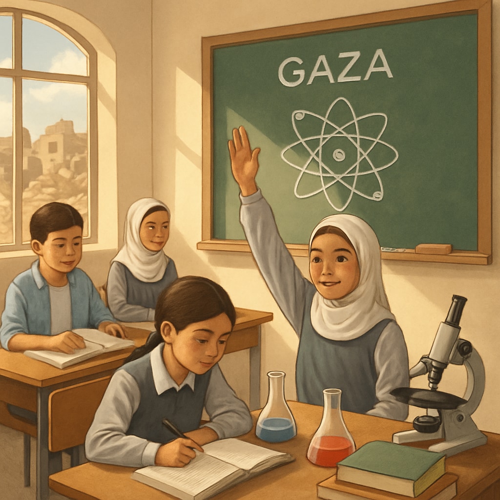 Classroom in Gaza with students learning science, rebuilding hope through education.