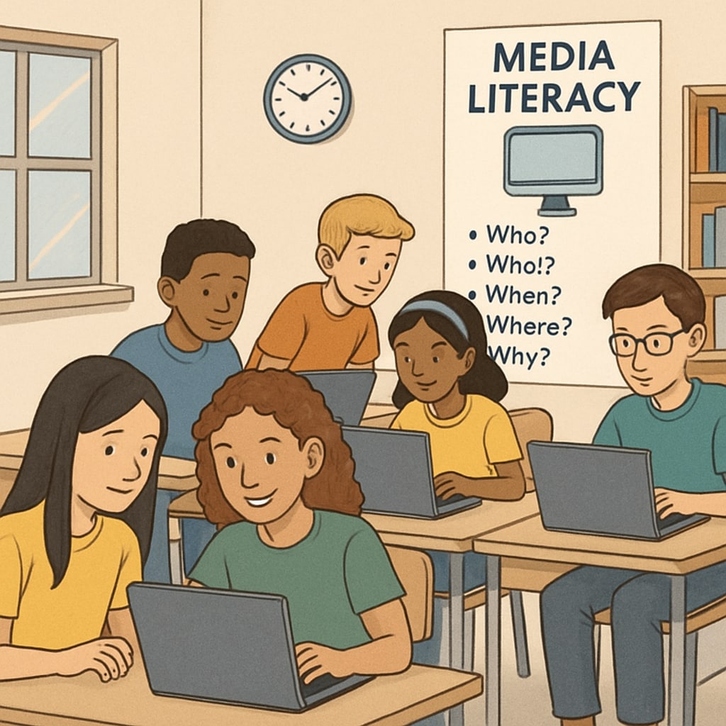 K12 students learning media literacy concepts on laptops