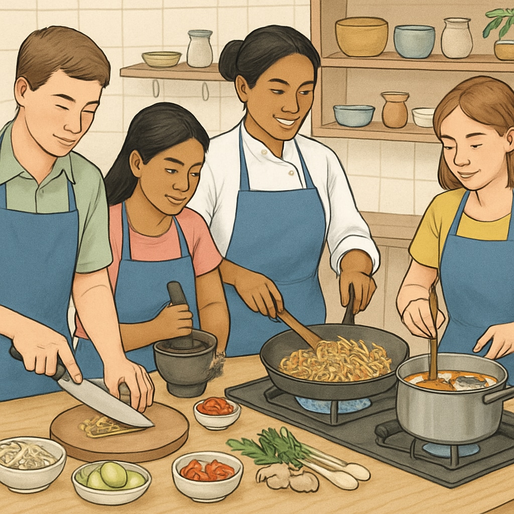 Participants engaging in a traditional Thai cooking class, representing the cultural immersion aspect of the program. Educators participating in a Thai cooking class as part of LS English Camp's cultural activities.