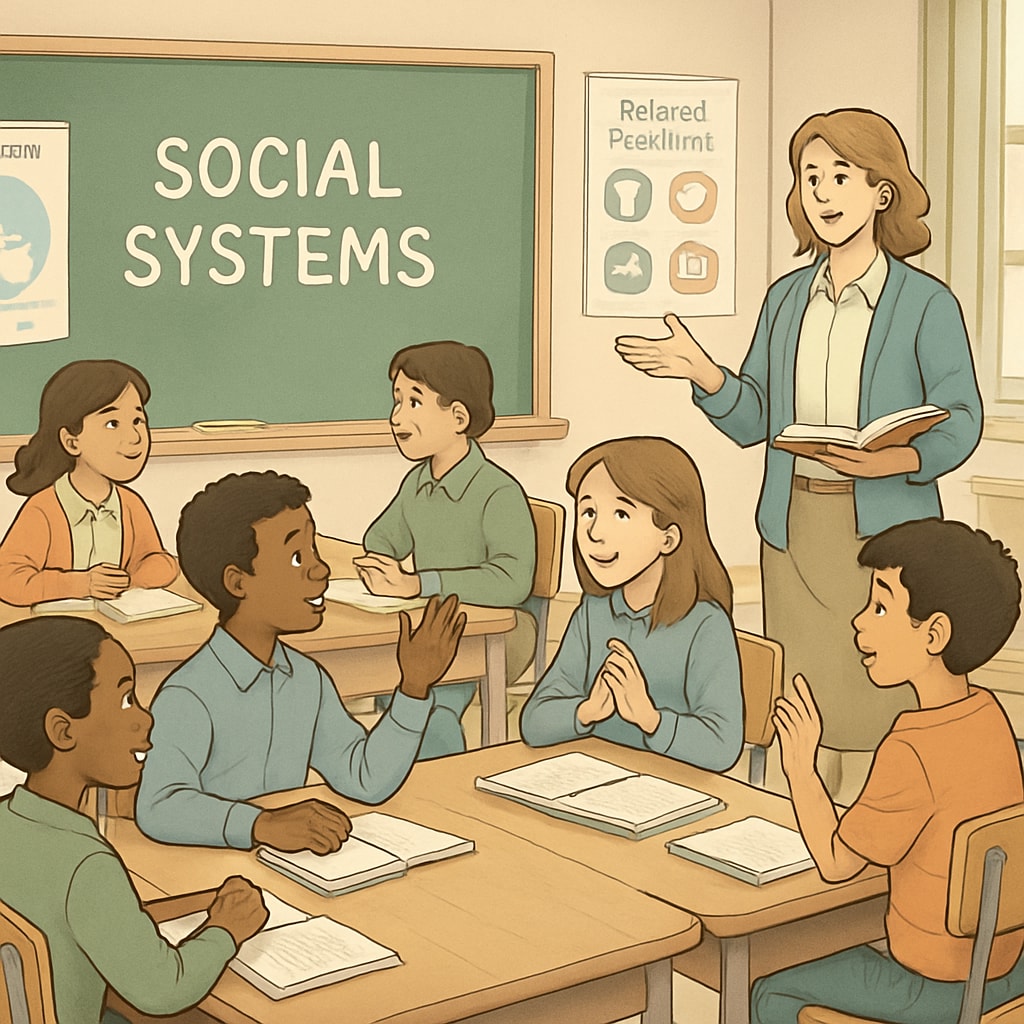 A classroom with students engaging in a discussion about social systems, symbolizing the importance of balanced education. Students discussing social class systems in a classroom.
