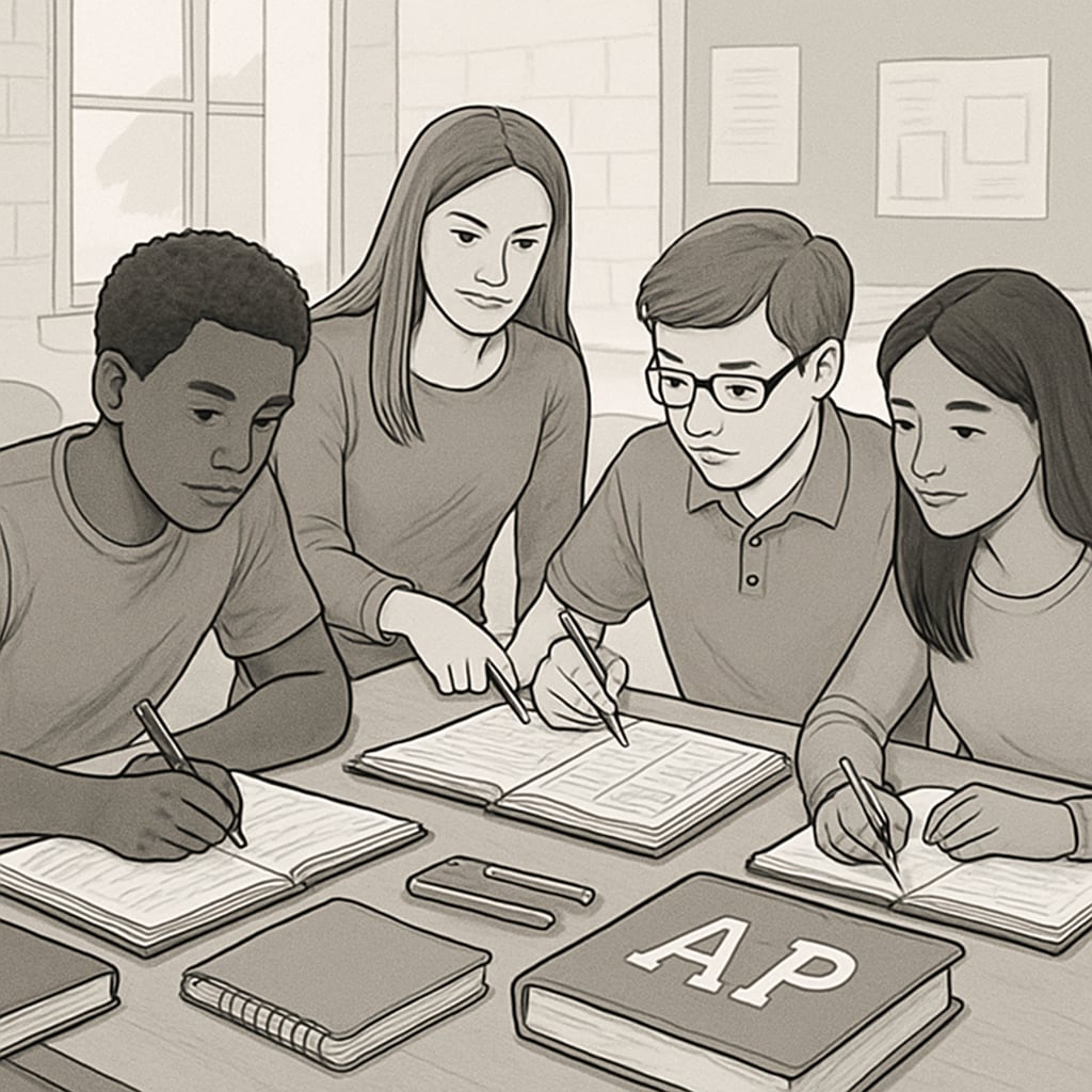 A group of high school students collaborating on AP coursework in a classroom setting, emphasizing teamwork and academic planning. High school students discuss AP course planning and strategy in a classroom.