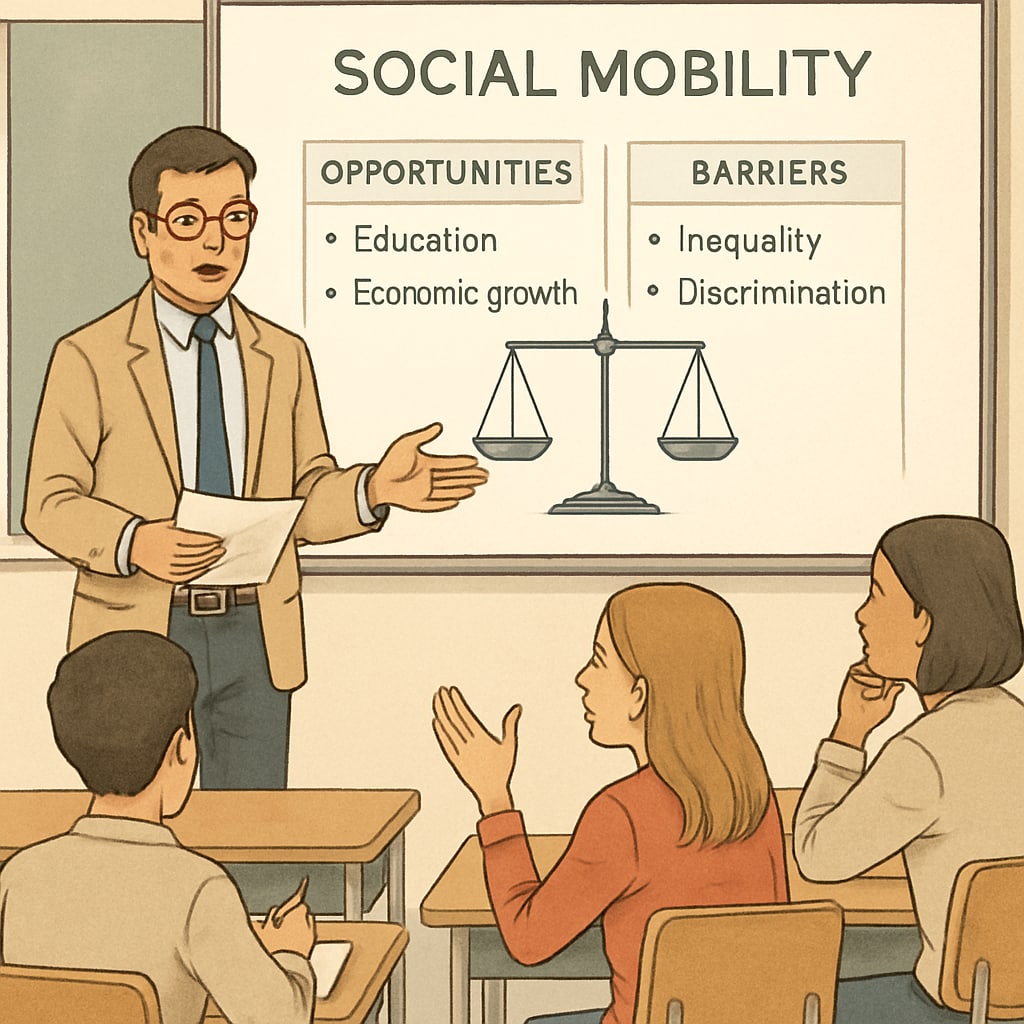 A teacher presenting a balanced perspective on social mobility using visual aids, encouraging critical thinking among students. Teacher discussing social mobility with students using visual aids.