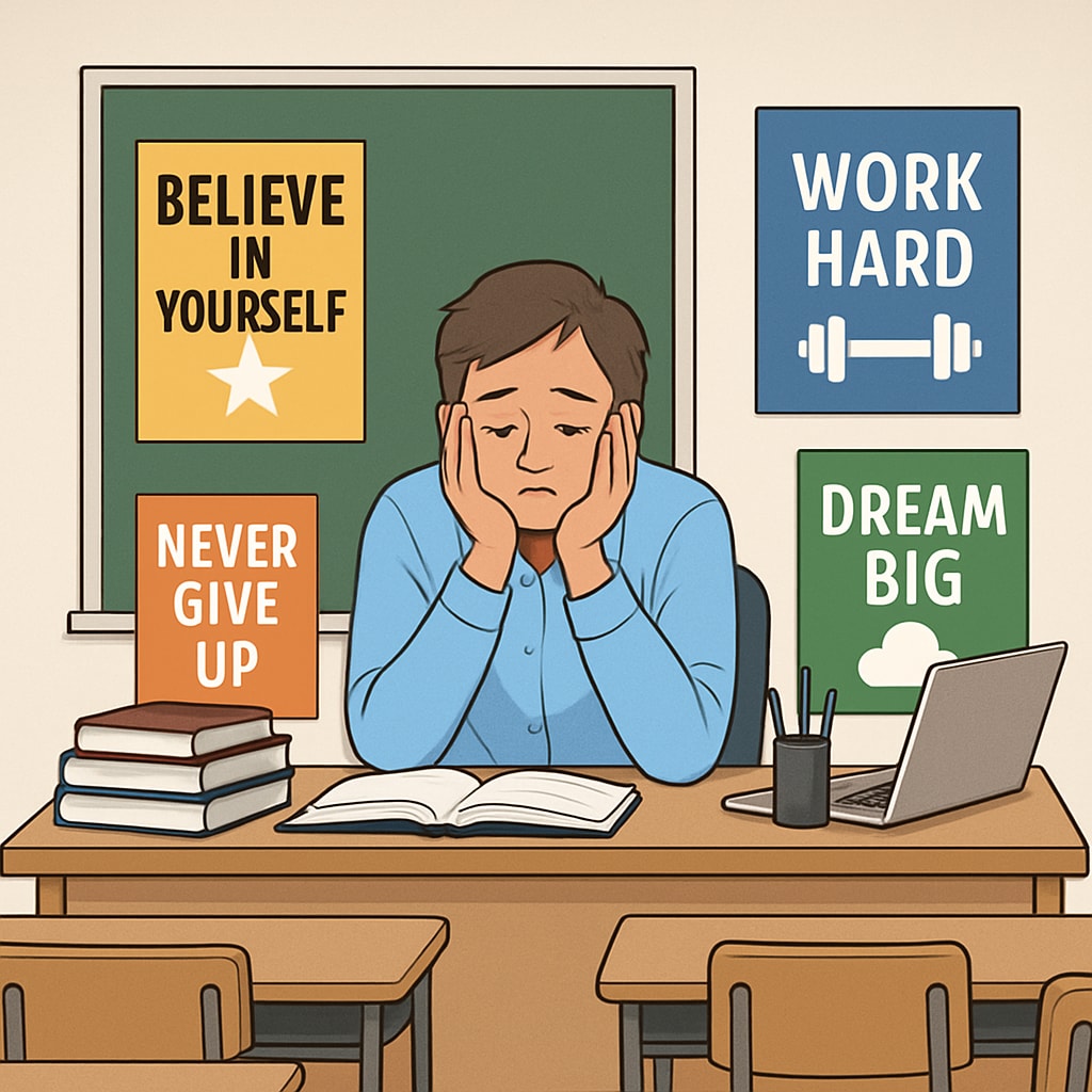 A classroom setting with an exhausted teacher sitting at their desk, surrounded by motivational posters. Classroom with tired teacher and motivational posters, reflecting learning fatigue.