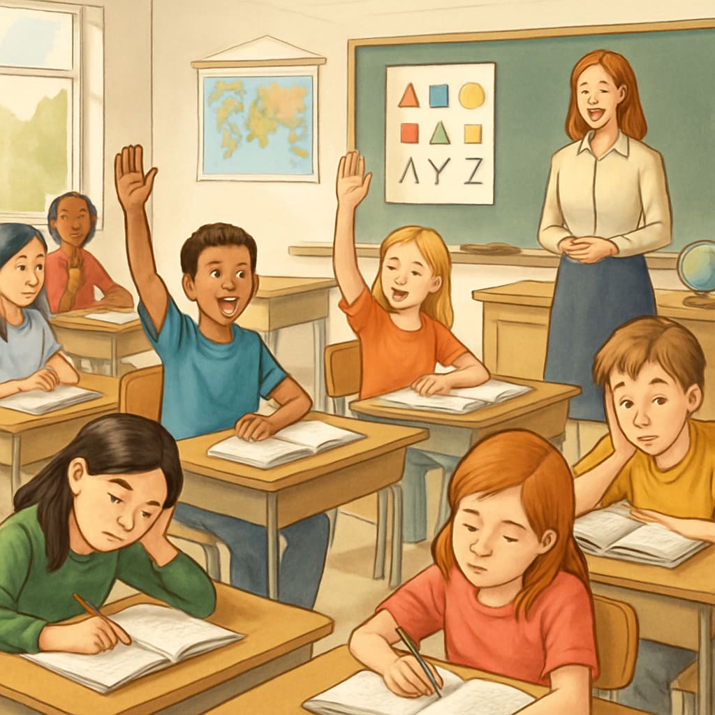 Students sitting in a classroom, some actively engaged while others appear fatigued or disengaged. Students in a classroom showing varying levels of engagement and fatigue.