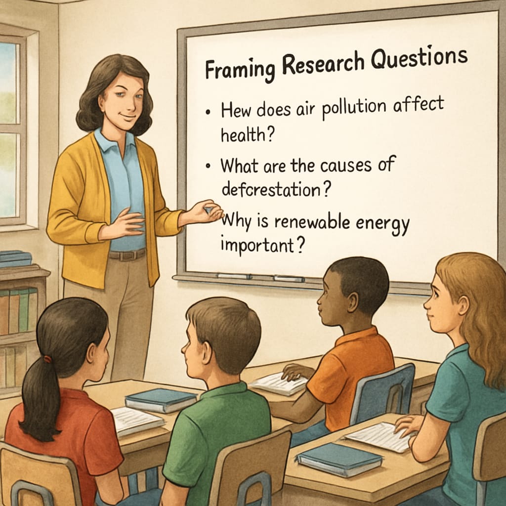 A teacher guiding students in a classroom setting, explaining how to frame research questions related to environmental science topics. Teacher helping students formulate research questions about environmental science.