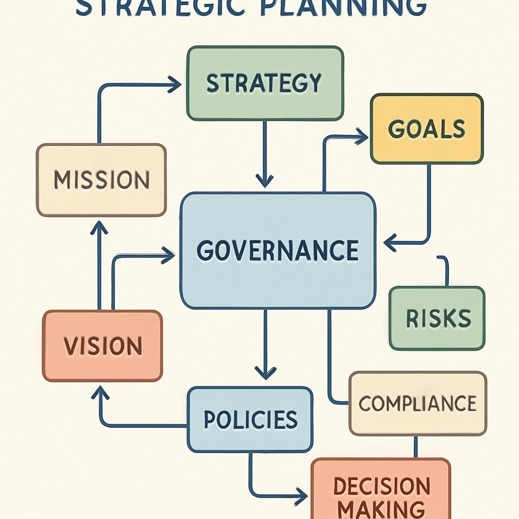 Strategic planning visual, such as a flowchart or brainstorming session, related to governance. Strategic planning for school board governance.