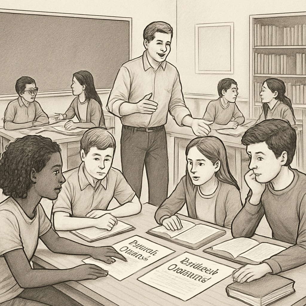 Students collaborating in small groups to refine their research questions with teacher guidance, focusing on historical events. Students brainstorming research questions with teacher support.