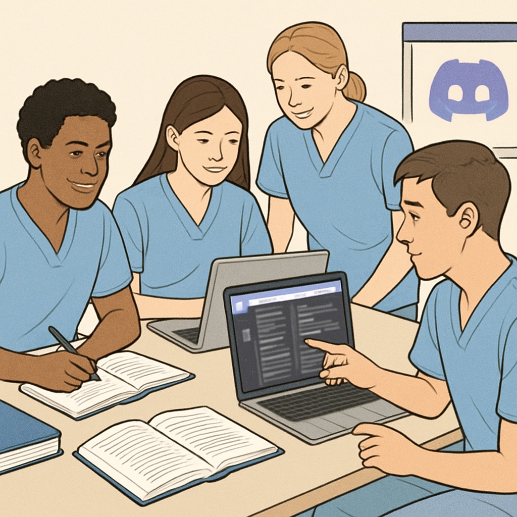 Nursing students collaborating in a digital study group on Discord.