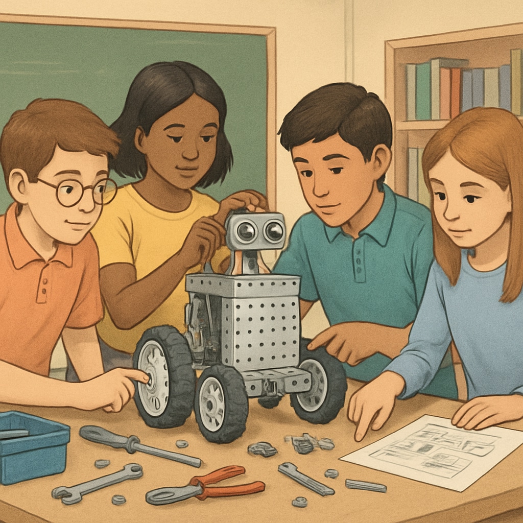 A group of students assembling a robot in a classroom setting, focusing on teamwork and problem-solving. Students working on a robot assembly, showcasing collaboration in a K12 robotics course.