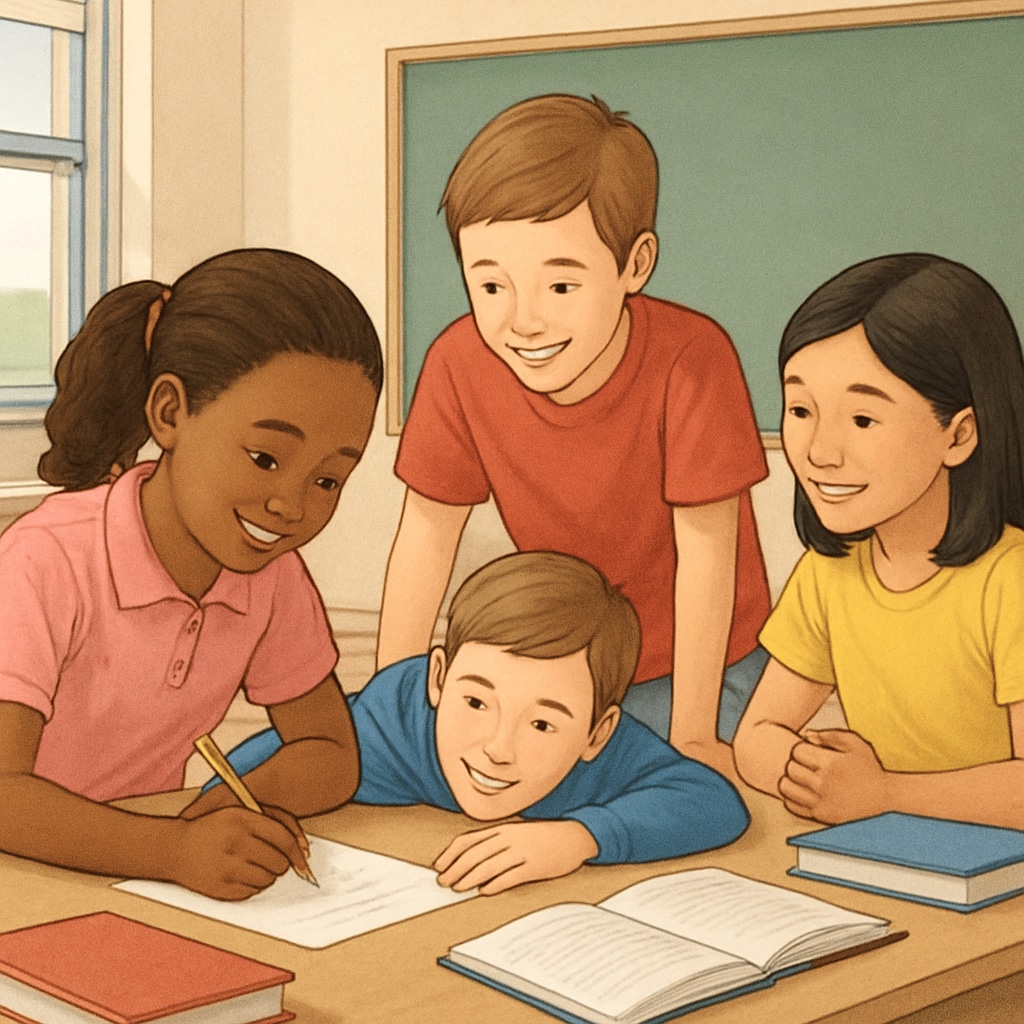 Students in a classroom working collaboratively, fostering character development.