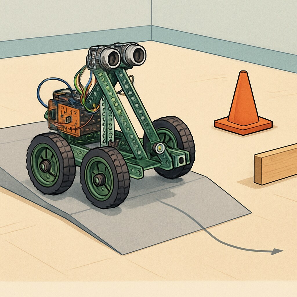 A completed student-built robot navigating a simple obstacle course, highlighting its functionality. A functional robot created by students during a one-week robotics course.