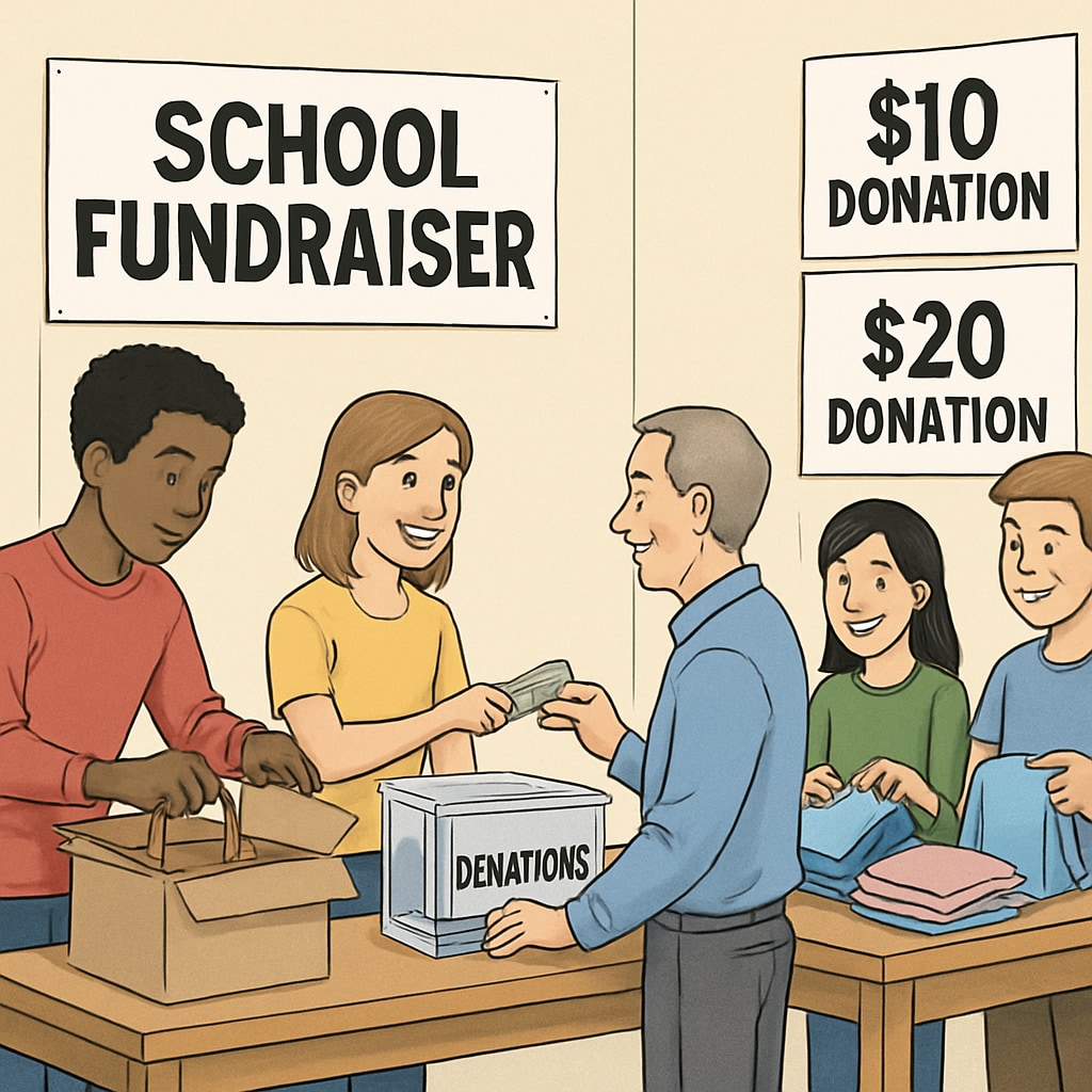 A group of students participating in a school fundraiser, with visible signs indicating different donation tiers. Students participating in a school fundraiser, showcasing economic bias through donation tiers.