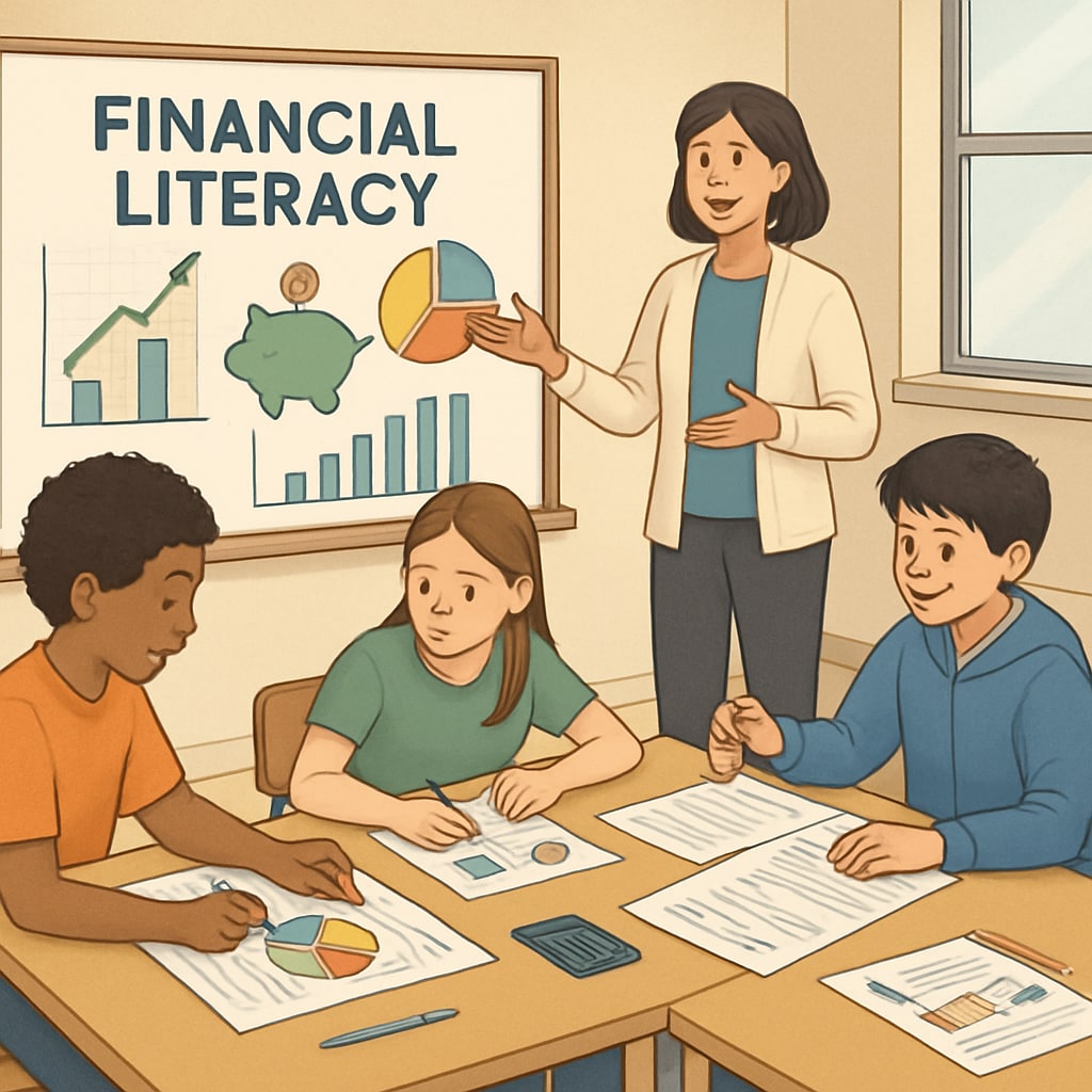 A classroom setting where students are learning financial literacy concepts through interactive activities. Students engaging in financial literacy lessons as part of school curriculum.