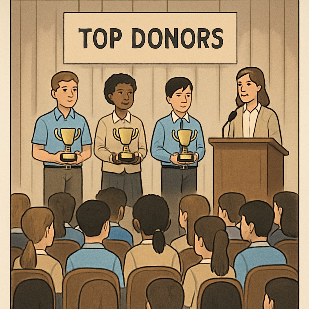 A school assembly showing recognition awards for top donors, with other students looking on. A school assembly illustrating economic bias, as students are awarded based on donation levels.
