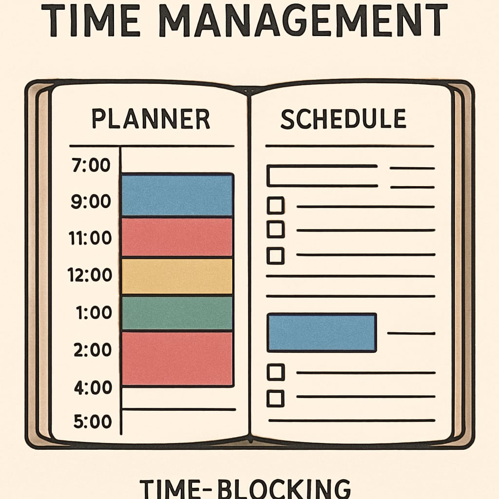 A planner with organized schedules and time-blocking techniques, emphasizing the importance of time management. Planner showcasing time management strategies taught in school curriculums.