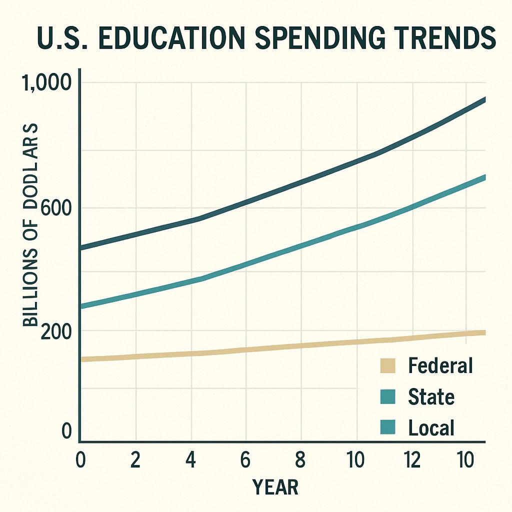 A chart illustrating U.S. education spending trends over the past decade, segmented by federal, state, and local contributions. U.S. education spending trends over the past decade, showing federal, state, and local contributions.