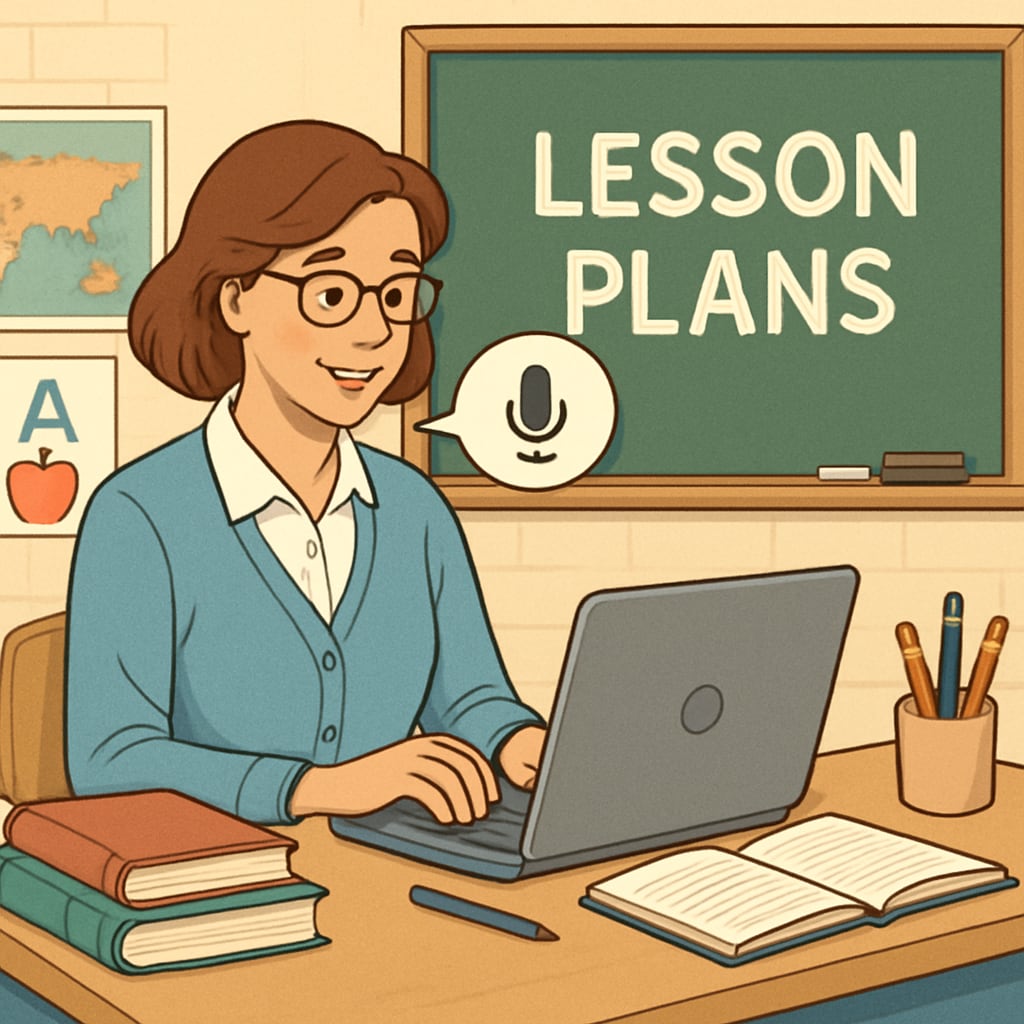 A teacher using speech recognition software on a laptop to create lesson plans in a classroom setting. Teacher using speech-to-text software like WillowVoice to improve efficiency.