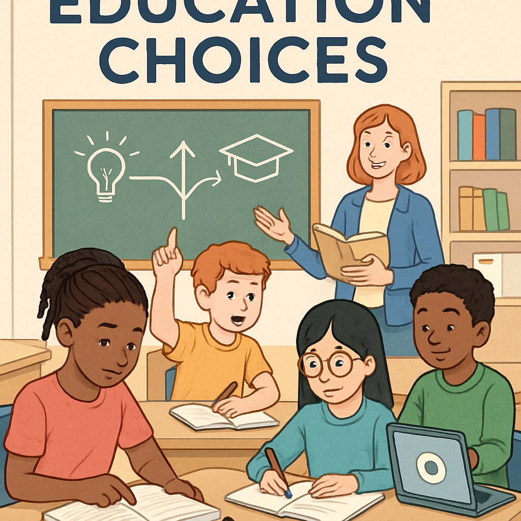 A group of diverse students in a classroom, illustrating the concept of education choices. Students in a classroom discussing education options, representing school district vs. private education.