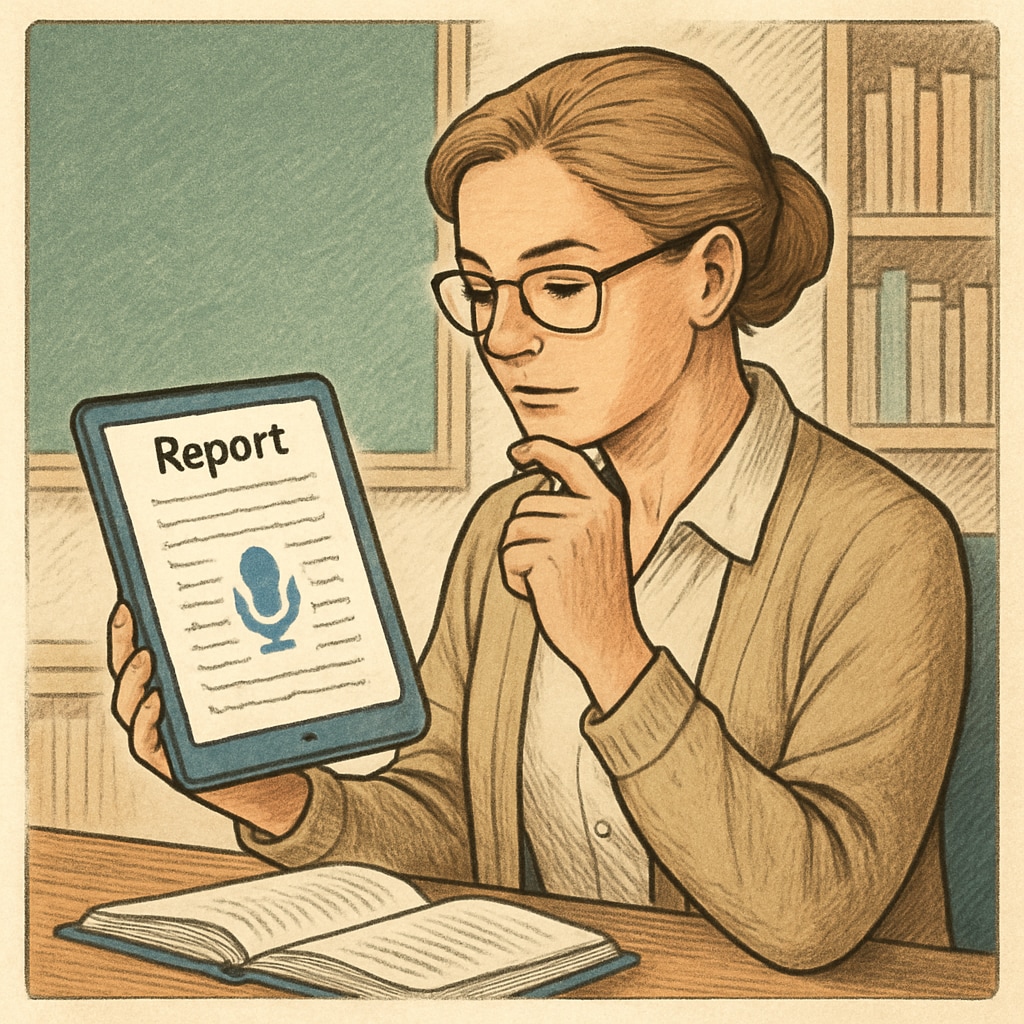 A teacher reviewing a digitally generated report on a tablet, created using WillowVoice’s speech-to-text functionality. Teacher reviewing reports generated by WillowVoice to reduce administrative burden.