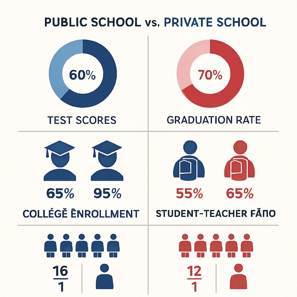 A comparison chart showing academic performance metrics for public and private schools. Chart comparing public vs. private school academic results in high-ranking districts.