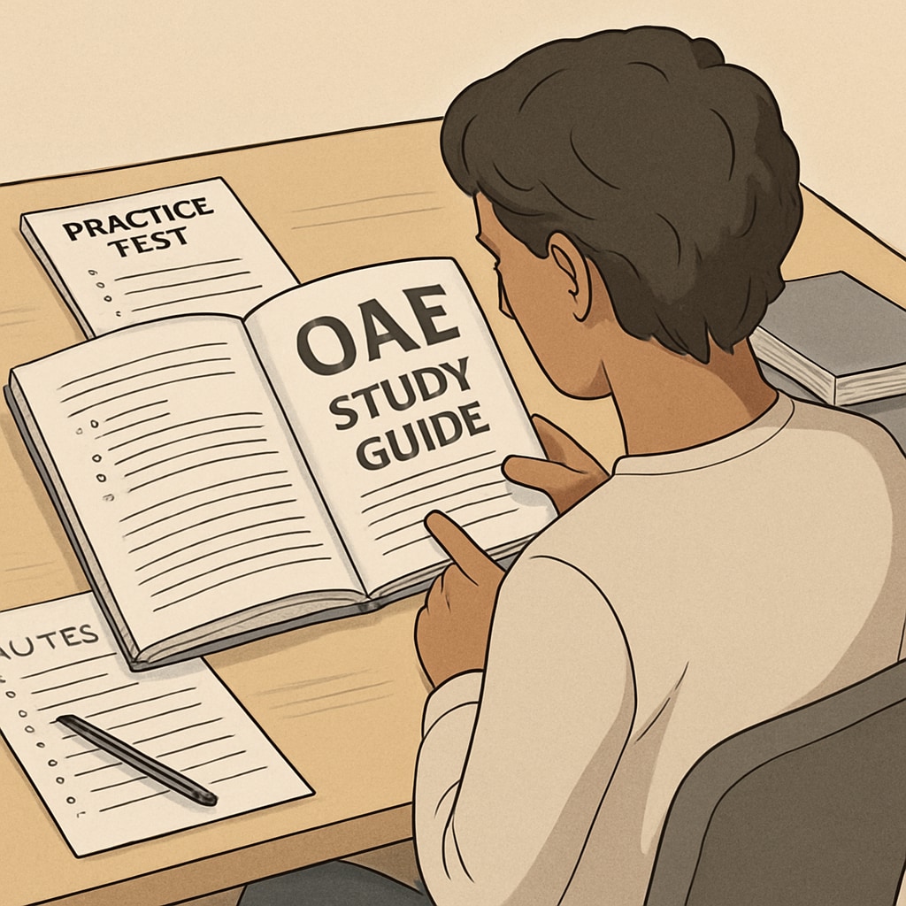 A candidate reviewing OAE study materials at a desk, with practice tests and notes spread out. Candidate preparing for OAE with study materials and notes.