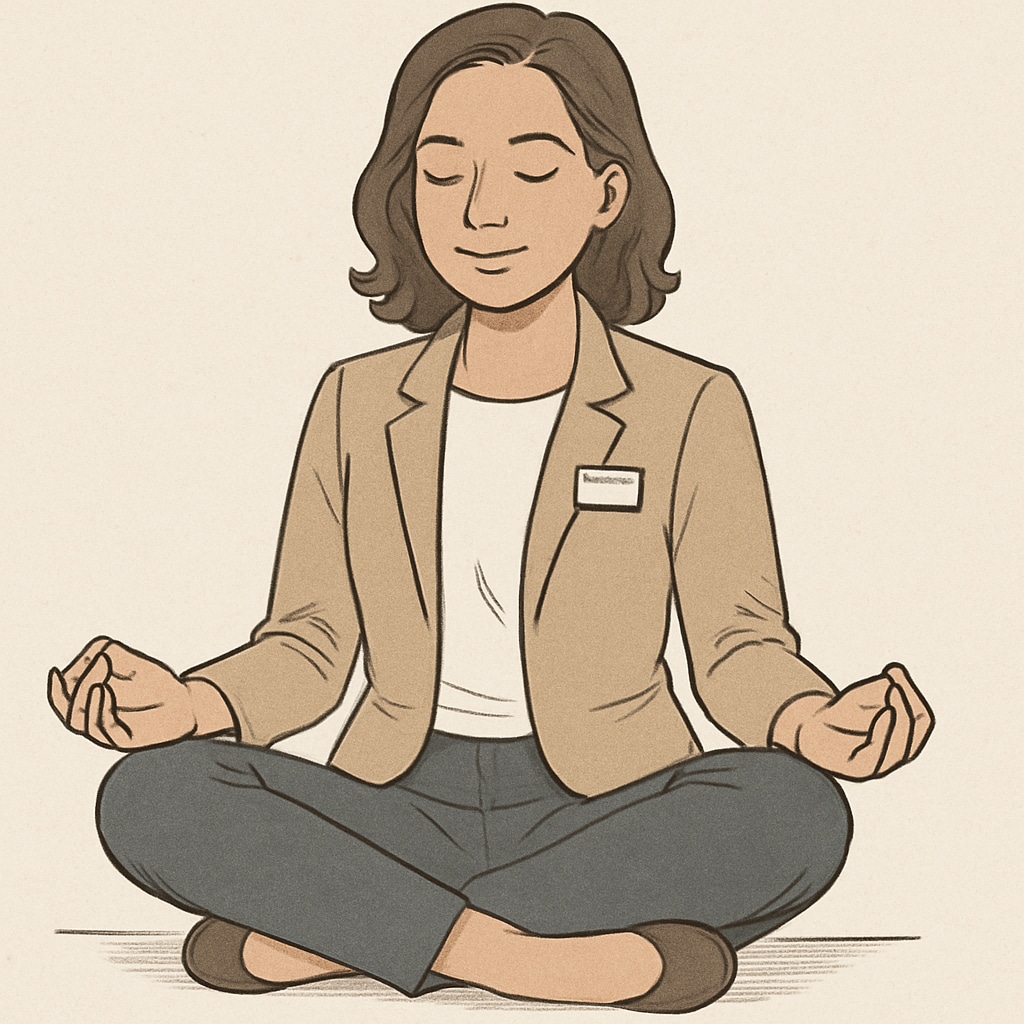 A teacher candidate practicing mindfulness exercises, sitting cross-legged with a calm expression. Candidate practicing relaxation techniques to reduce exam anxiety.