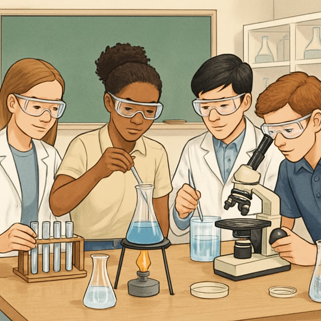 A-level students studying science subjects in a classroom setting.