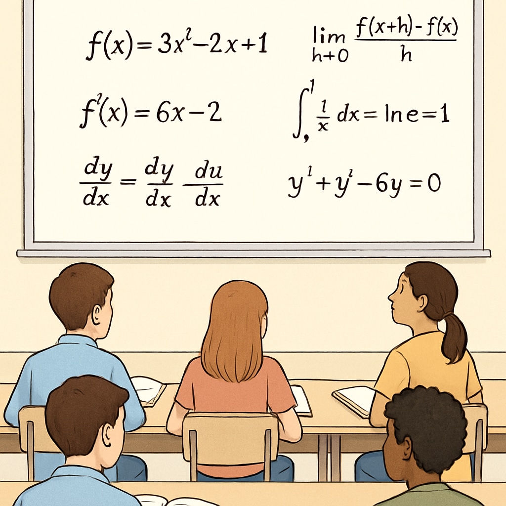 Students studying advanced math, including calculus, in a classroom setting.