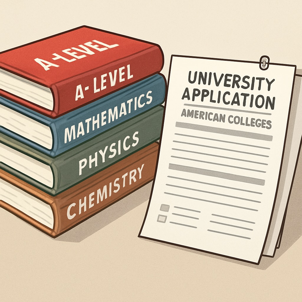 A-level textbooks alongside application forms for U.S. universities.