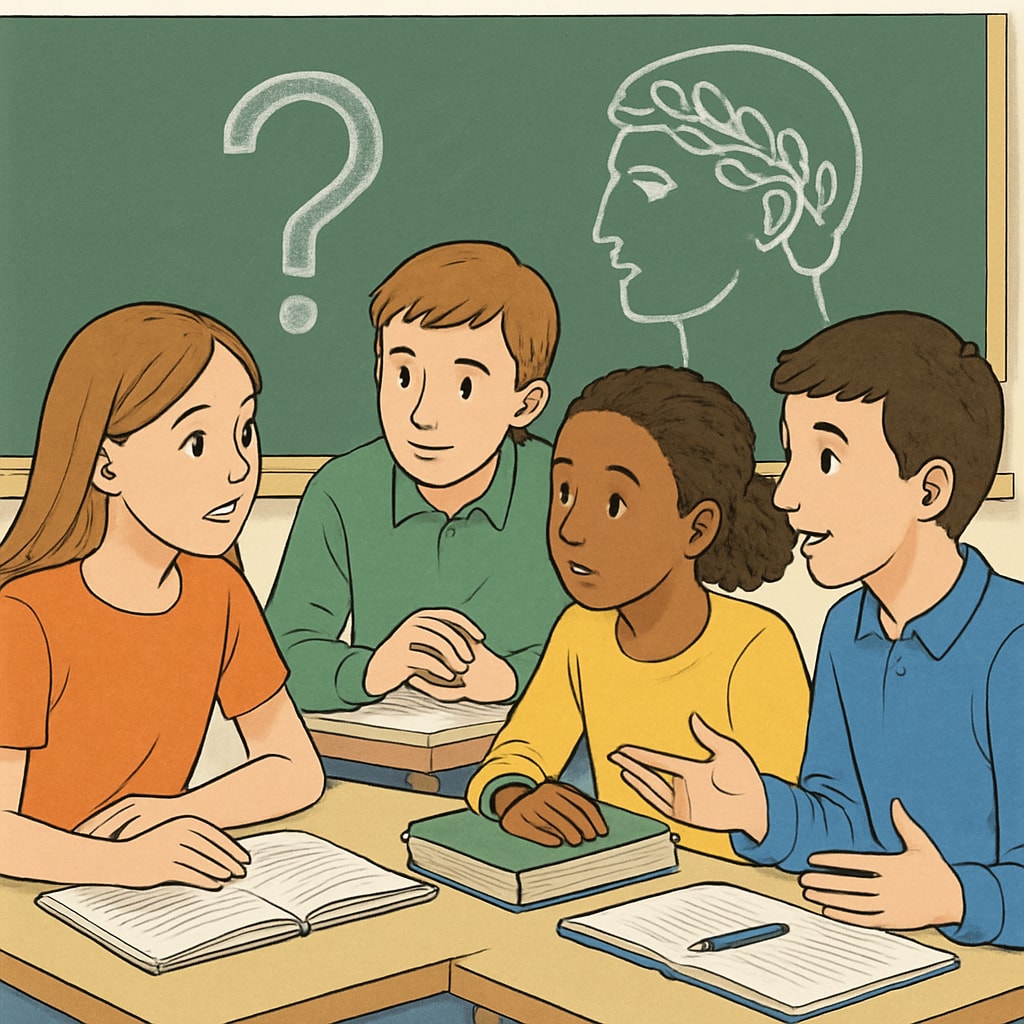 Students discussing philosophical ideas in a classroom environment