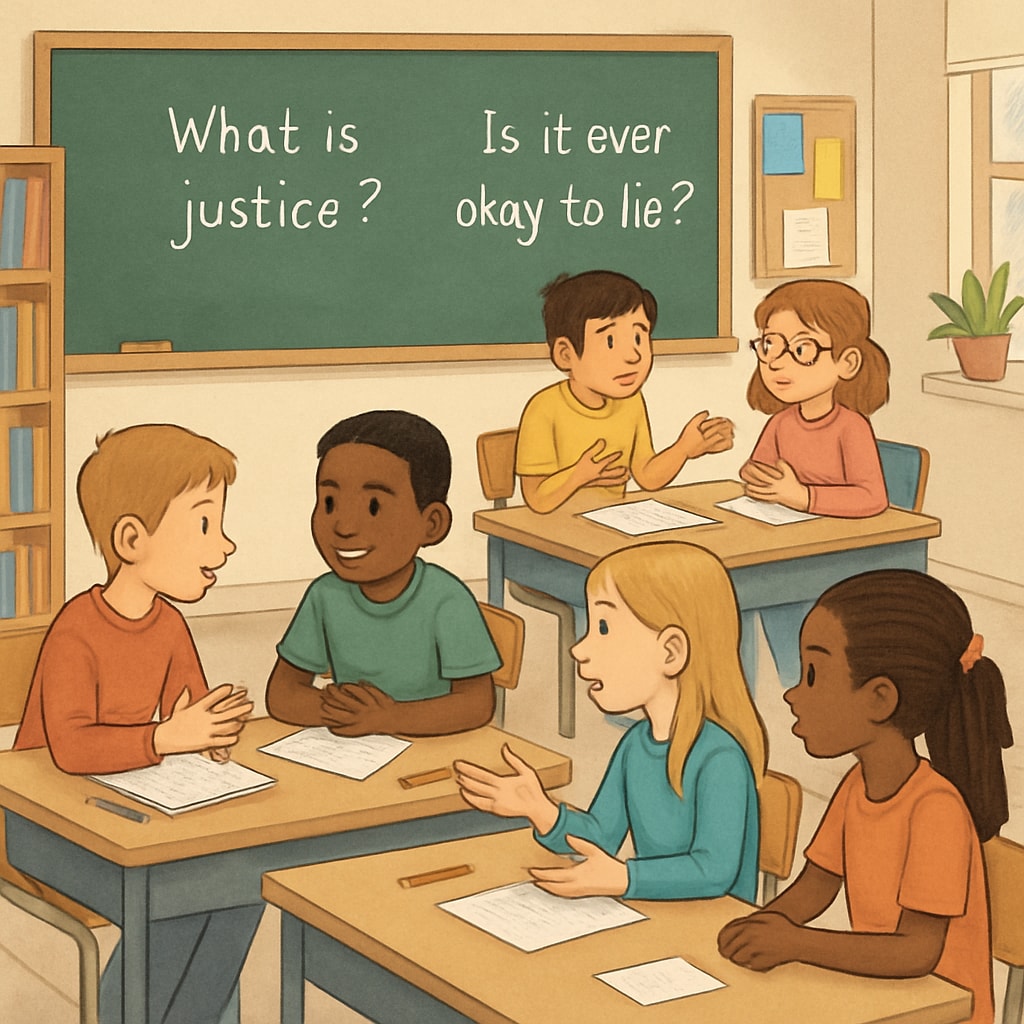 Children discussing philosophy and psychology in a classroom setting.