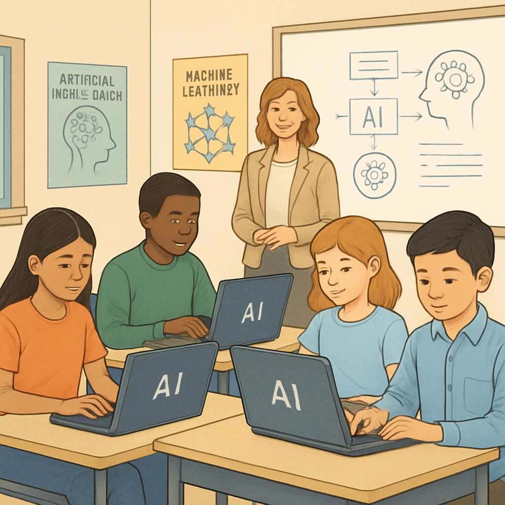 A classroom setting where students use laptops for AI projects without advanced hardware, emphasizing inclusivity in education. Students working on AI projects with accessible tools, highlighting resource-friendly education.