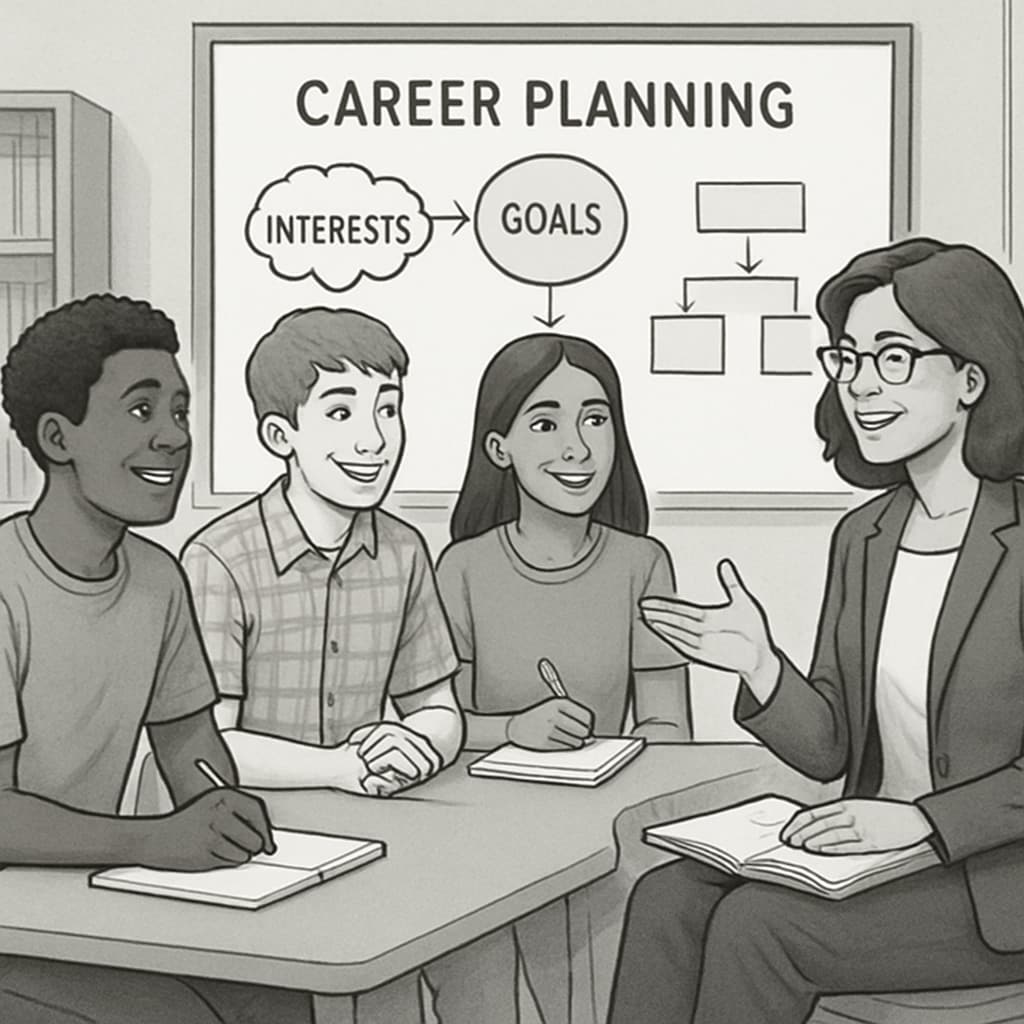 High school students attending a career counseling session to explore their interests and goals.