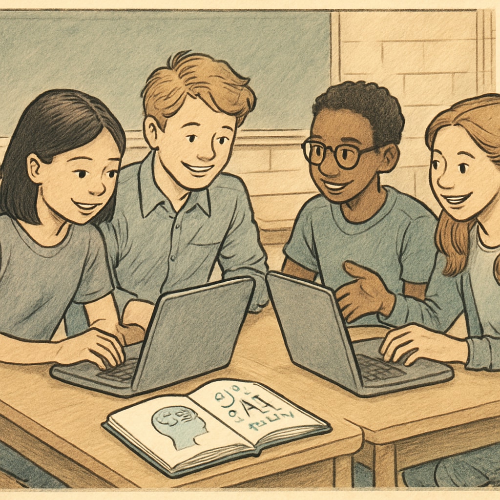 Students collaborating on AI projects using basic laptops, showcasing teamwork and resource-sharing. Students sharing laptops in an AI education setting, demonstrating collaborative and resource-efficient learning.