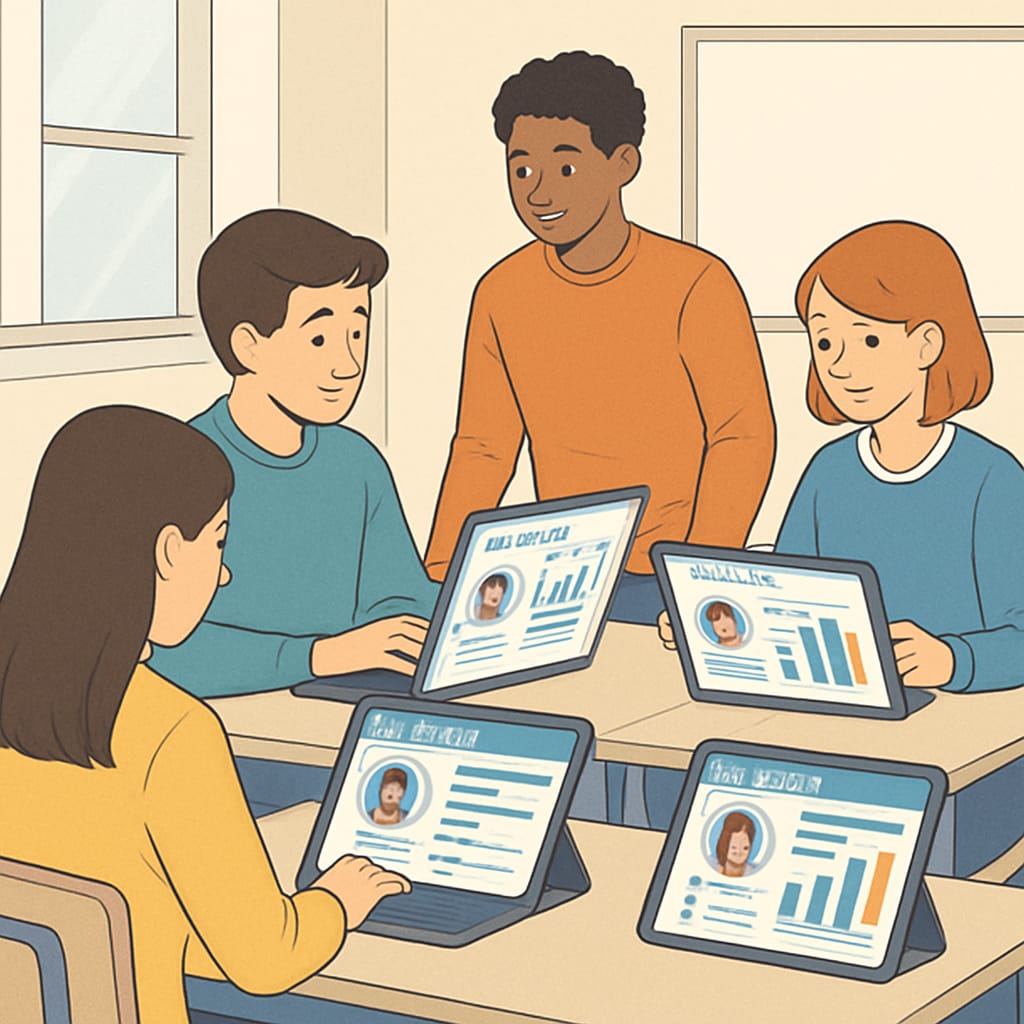 Students interacting with AI-powered platforms for personalized learning in school education.