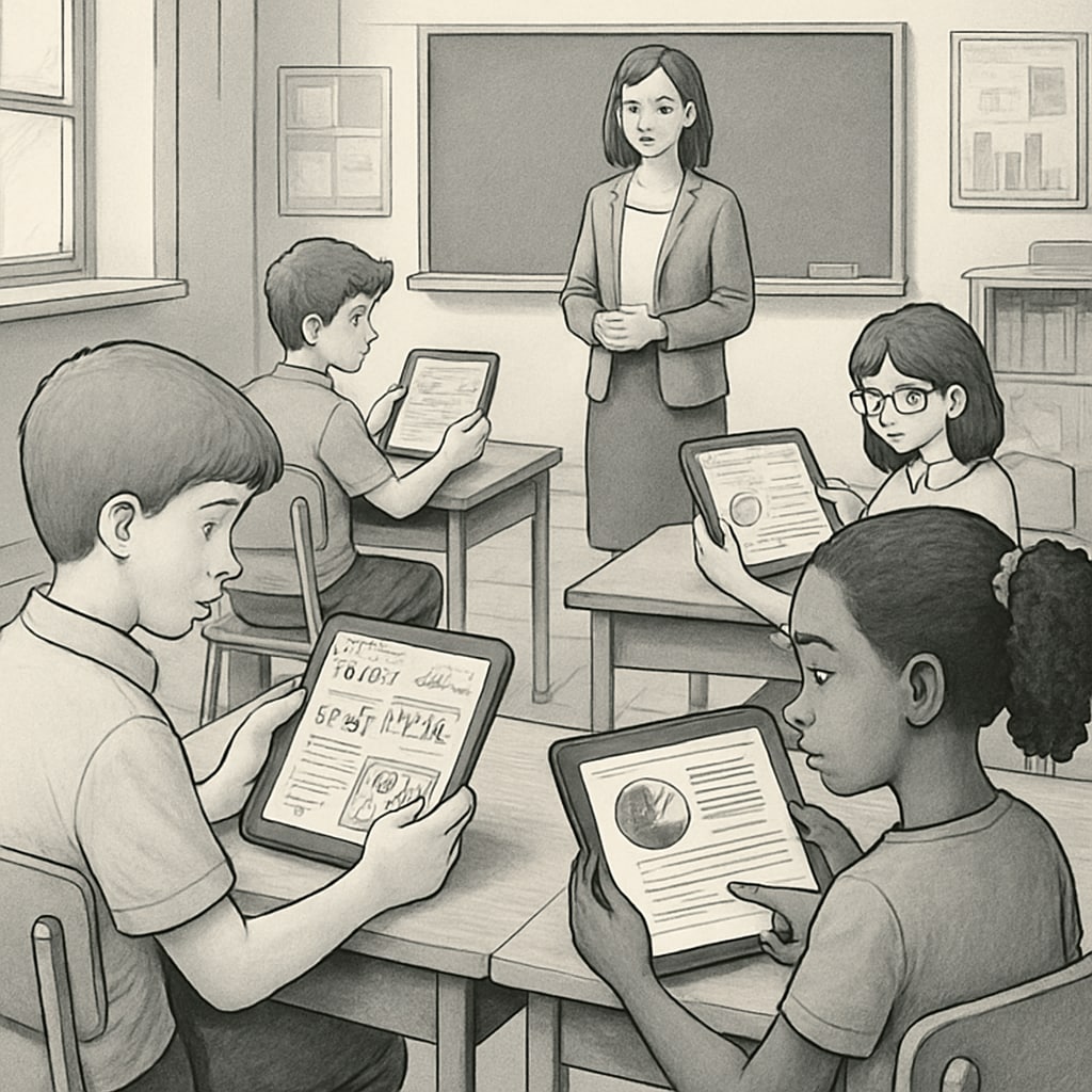 A classroom with students using AI-powered learning tablets, showing adaptive content tailored to individual needs. Students using AI tools for personalized learning in a modern classroom.