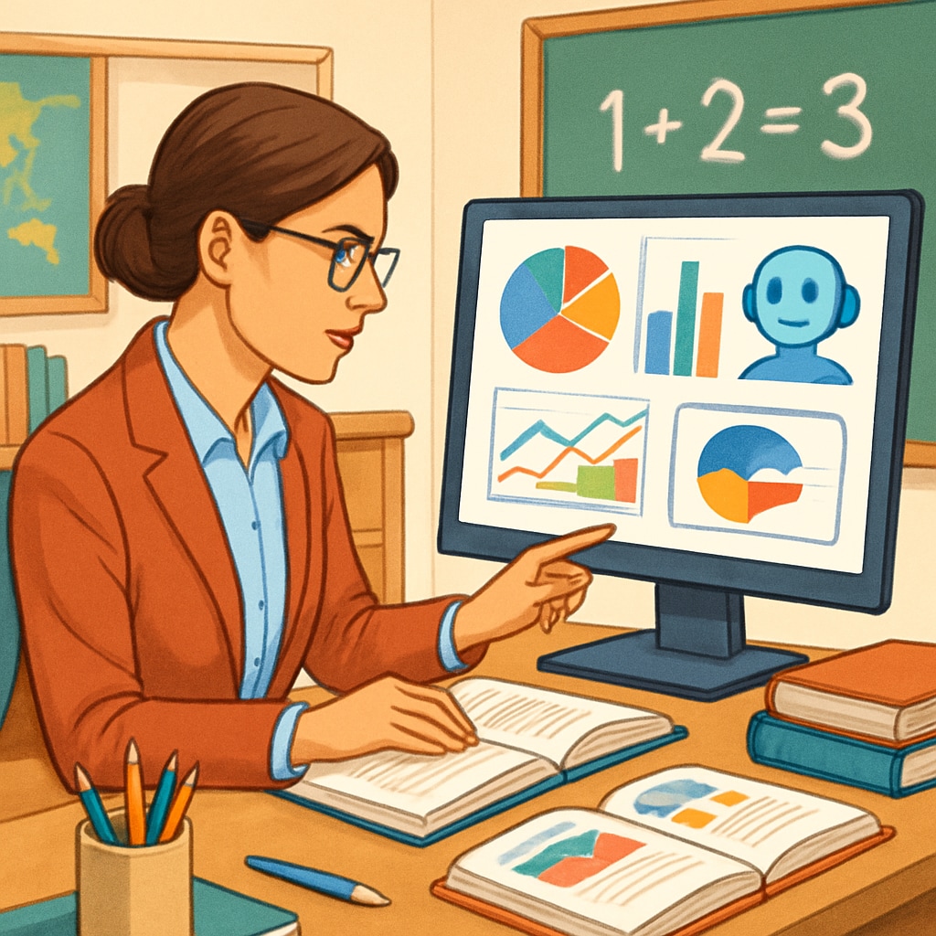 A teacher using AI tools to analyze student data, enhancing school education outcomes.